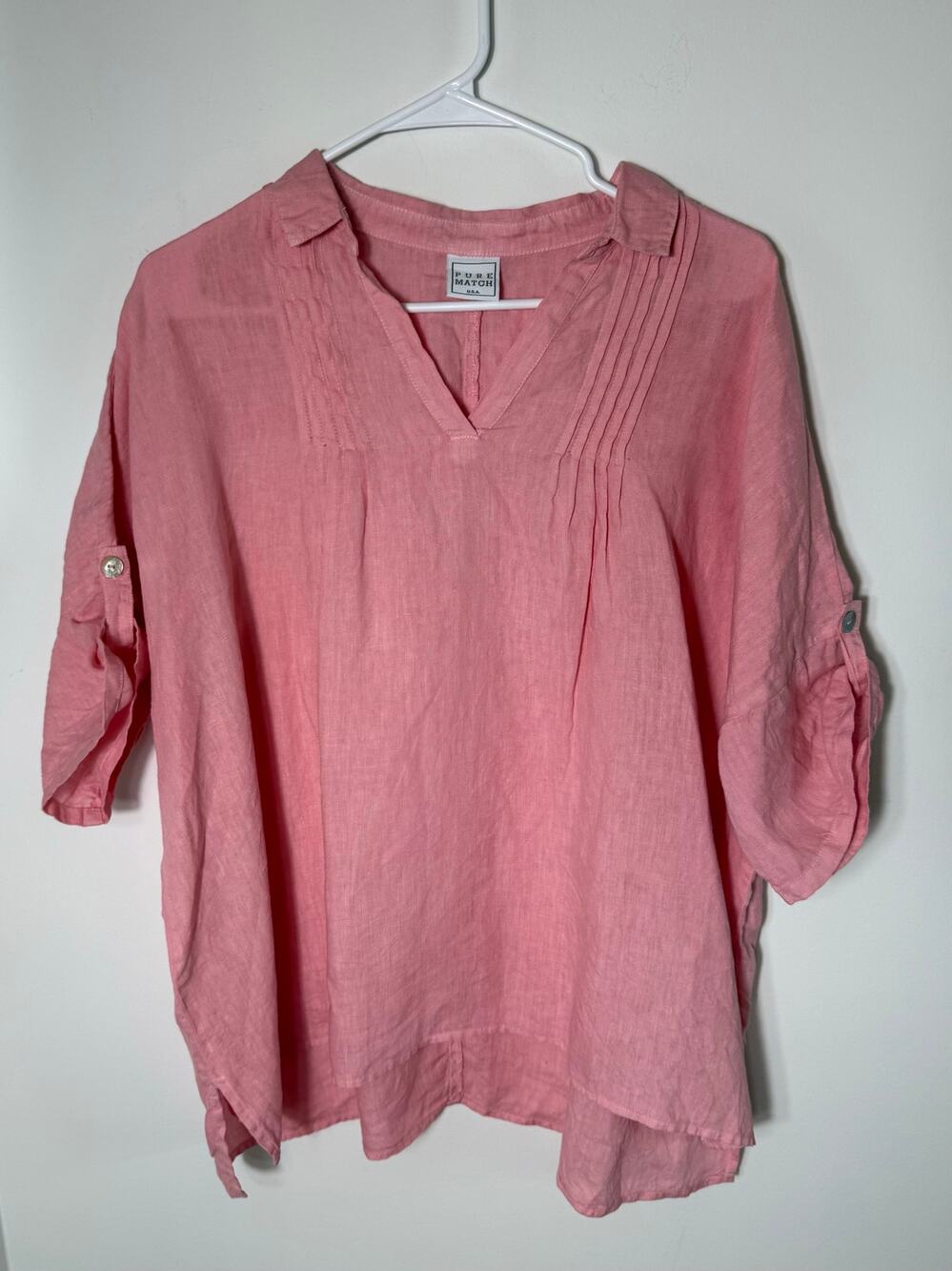Pure Match USA Sz M Coral Pink 100% Preshrunk Linen Pintuck Neck Boxy Top EUC